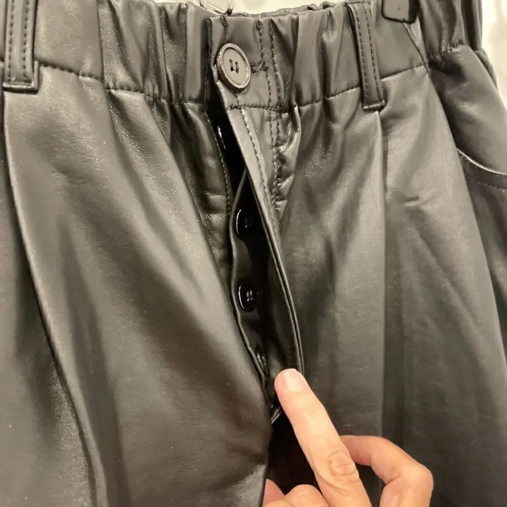 NEW Free People Faux Leather Black Buttons Fly Wide Leg Pants.Size S